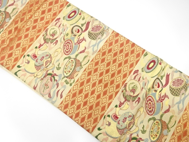 アンティーク　横段に陣太鼓・花蜀江文織り出し名古屋帯(着用可)